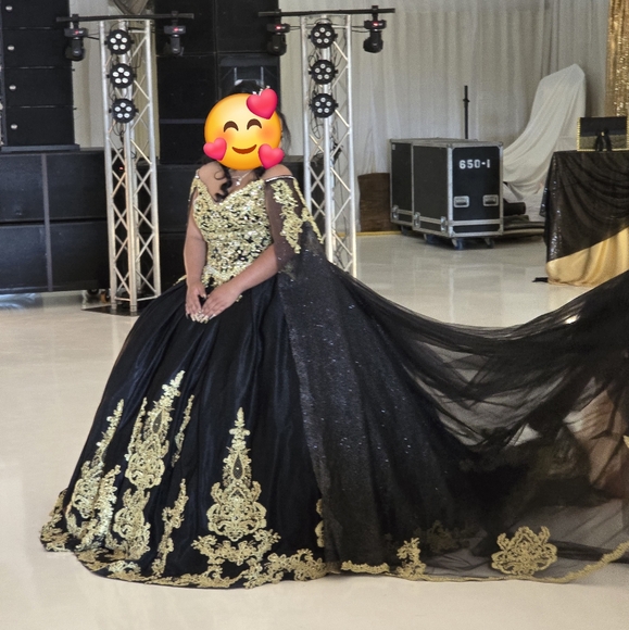 Prom Wedding Quinceañera Black Gold Ball Gown Iridescent gems detachable cape - Picture 8 of 10